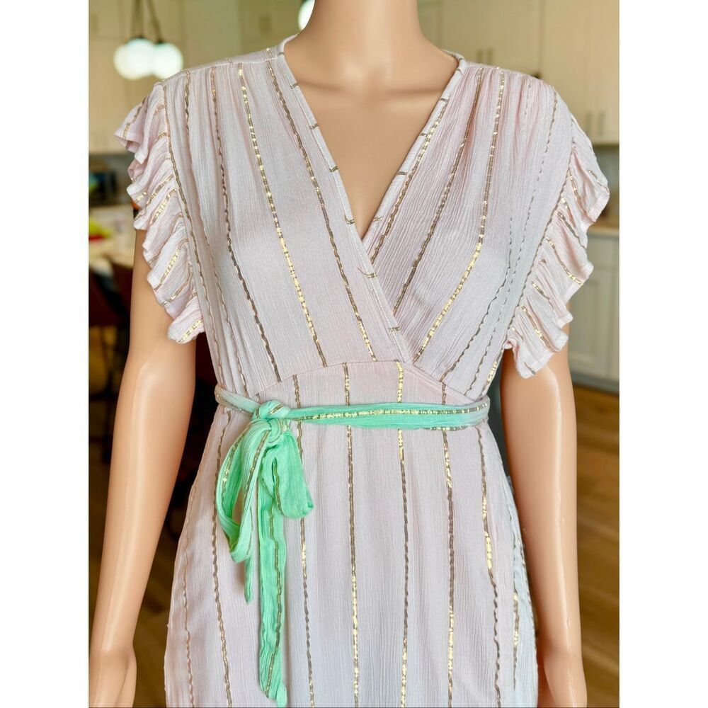 Zury Pastel Pink Mint Green Gold Metallic Stripe Wrap Ruffle Boho Maxi Dress OS - Picture 3 of 8